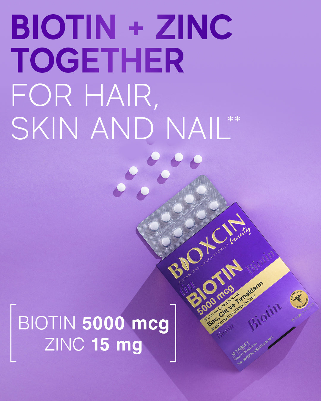 Bioxcin Biotine 5000 mcg – Cheveux, Peau & Ongles - 30 comprimés